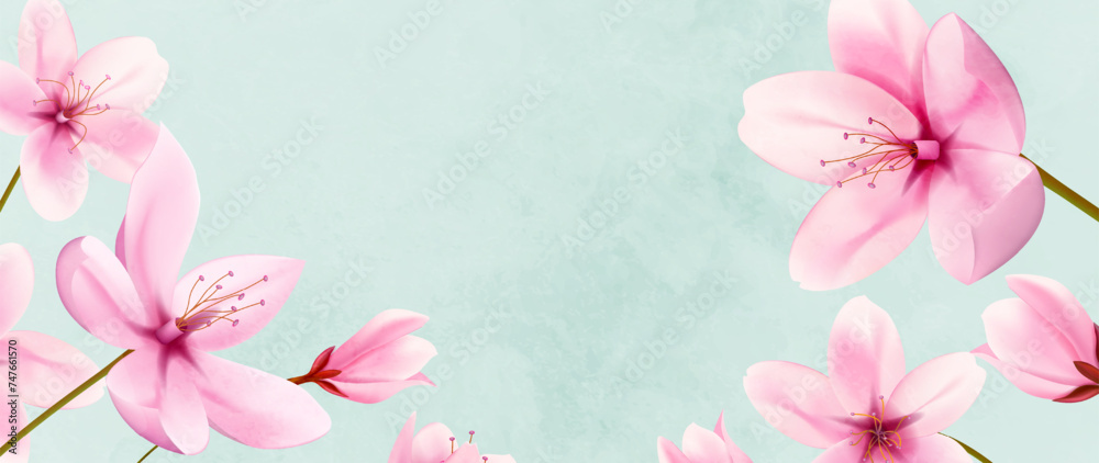 Luxury art background with pink sakura flowers with watercolor texture. Floral spring banner for decoration, print, textile, wallpaper, interior design, poster, packaging