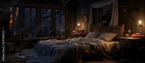 A dimly lit bedroom featuring a large bed as the main focal point. The room appears cozy and inviting, with minimal decor and soft lighting creating a calming ambiance.