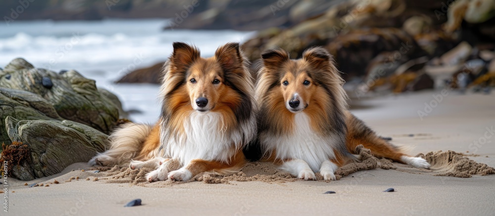 Two beautiful Shetland Sheepdogs relaxing on a sandy beach in west Wales UK, surrounded by sand and rocks. Two beautiful Shetland Sheepdogs relaxing on a sandy beach in west Wales UK, surrounded by sand and rocks.
