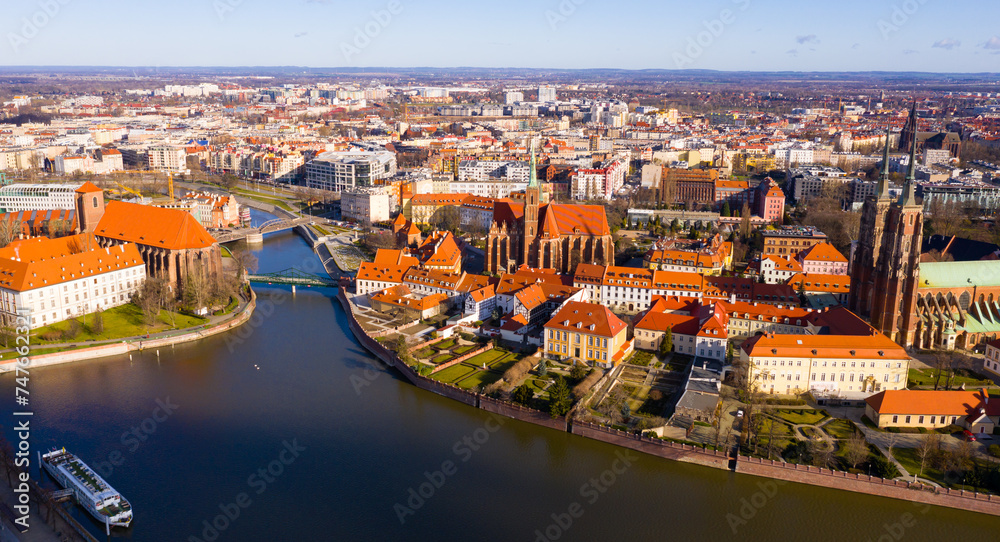 Picturesque view from drone of city of Wroclaw with Ostrow Tumski island and Cathedral of St. John the Baptist, Poland