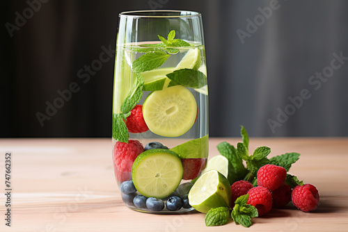 Picture a minimalist fruit-infused water, with just a few slices of cucumber and a handful of berries adding a subtle hint of flavor to a tall, clear glass.