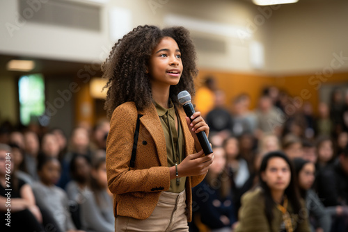 A school assembly featuring student-led presentations on topics like racial equity, LGBTQ+ rights, and mental health awareness, fostering a culture of inclusivity and empathy.