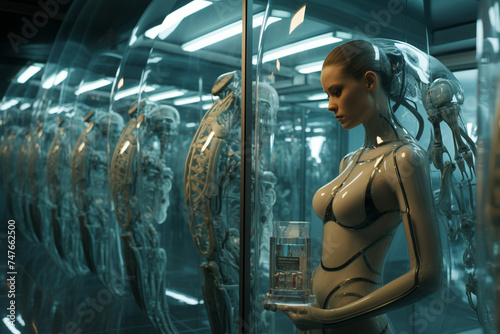 A cybernetic augmentation clinic where clients undergo surgical procedures to enhance their physical abilities, with gleaming chrome limbs.