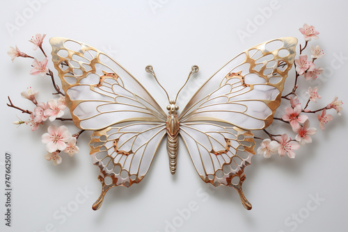 Envision a pair of delicate butterfly wings resting on a blossoming branch, their intricate patterns highlighted against the simplicity of nature's rebirth in springtime.