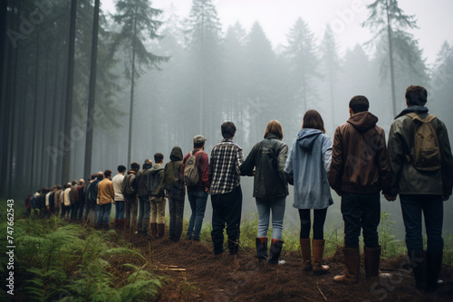 A group of activists forming a human chain around an ancient forest, protesting deforestation and advocating for the preservation of natural habitats. photo