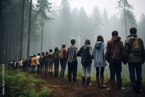 A group of activists forming a human chain around an ancient forest, protesting deforestation and advocating for the preservation of natural habitats.