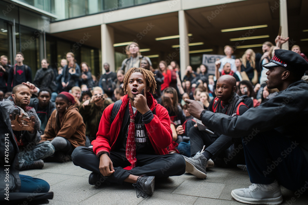 Activists conducting a sit-in demonstration outside a government building, peacefully demanding policy changes and reforms to address systemic inequalities and injustices. Activists conducting a sit-in demonstration outside a government building, peacefully demanding policy changes and reforms to address systemic inequalities and injustices.