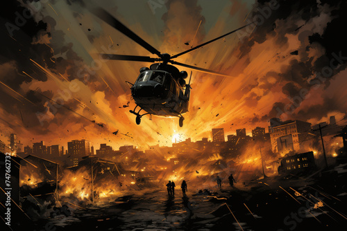 A helicopter hovering over a bustling cityscape, its spotlight illuminating a rooftop shootout between rival gangs as explosions rock the skyline below.
