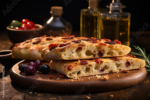 A Mediterranean bakery where rounds of focaccia are infused with fragrant olive oil and adorned with sun-dried tomatoes and rosemary.