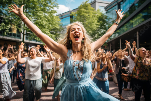 A flash mob performance in a busy public square, with dancers and musicians coming together to raise awareness about climate change and environmental degradation. photo