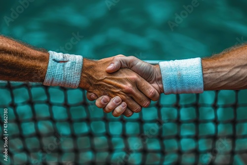 Two tennis players shake hands over the net, front view photography. Sportmanship