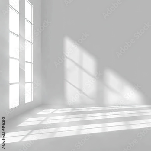  White studio background with shadows and reflection light of window. Minimalist empty room for product presentation. White walls and floor showing window and corner. Natural light