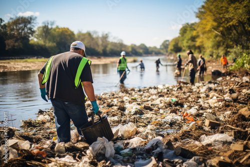 A community cleanup event along a polluted riverbank, with volunteers working together to remove trash and restore the waterway to its natural beauty. photo