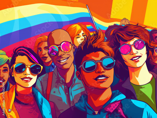Pop art illustration of stylish young diverse people with big Pride flag rainbow background positive emotion, bold colors and dynamic energy Pride fest parade march concepts, gay lesbian rights LGBTQ  © Mary Salen