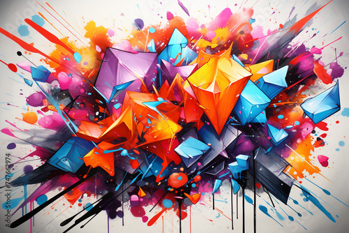 Picture a vibrant explosion of intersecting geometric shapes, each bursting with bold, contrasting colors, creating a dynamic and energetic abstraction in geometry style.