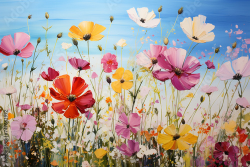 Envision the vibrant colors of a field of wildflowers in full bloom, their simple yet striking beauty embodying the essence of spring in minimalist depiction.