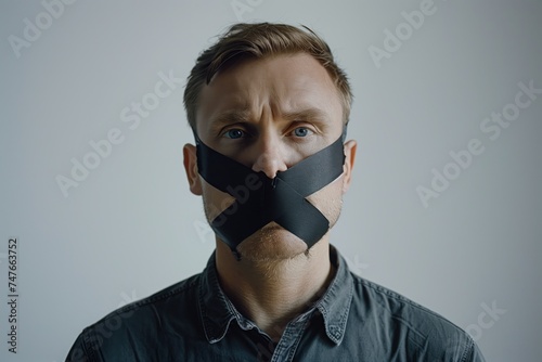 Man silenced by black tape covering his mouth