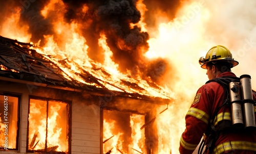 A lone firefighter surveys a residential fire, with flames tearing through the roof. The scene captures the intensity of a fire emergency and the vigilance required.