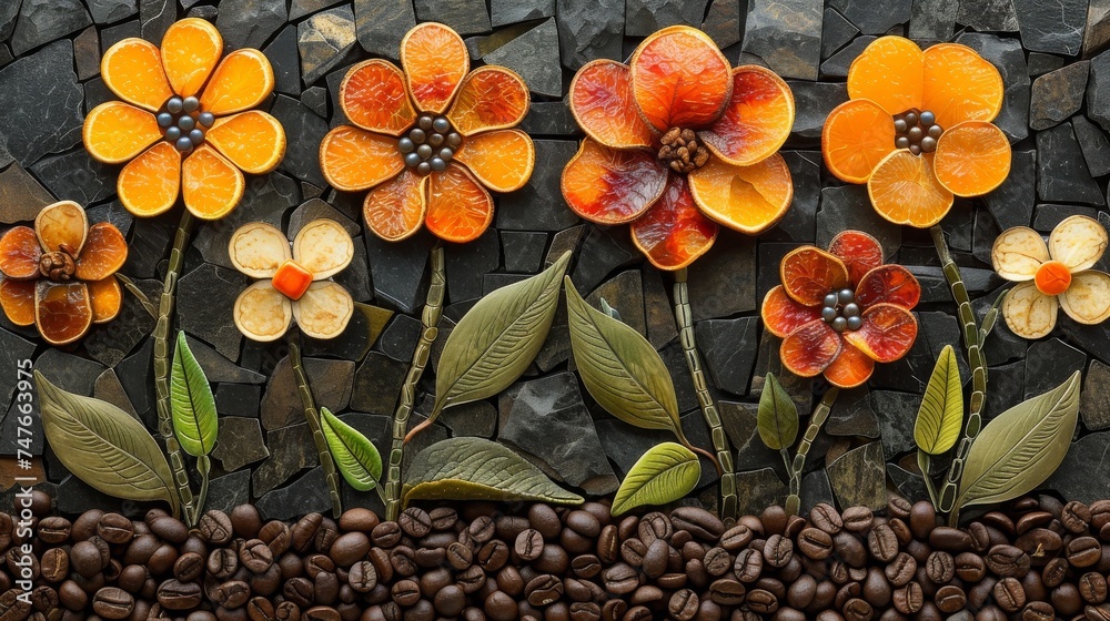 Fototapeta premium Coffee beans with flowers and leaves on stone background, top view