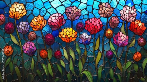 Colorful stained glass window with globe amaranth flowers, close-up photo