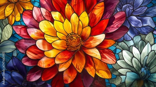 Wallpaper Mural Stained glass window background with colorful Flower and Leaf abstract.	 Torontodigital.ca