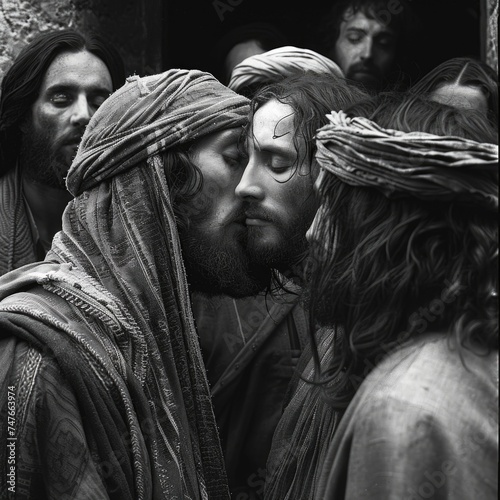 The kiss of judas: dramatic portrayal captures biblical betrayal, tension, and conflict as judas iscariot betrays jesus with a kiss, symbolizing spiritual depth and iconic christian symbolism photo