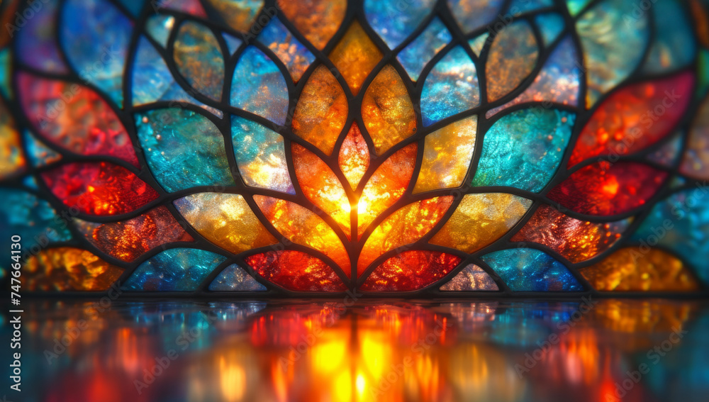 Stained glass window background with colorful Flower and Leaf abstract.	 - obrazy, fototapety, plakaty 