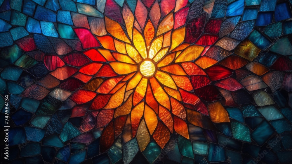 Stained glass window background with colorful Flower and Leaf abstract. Stained glass window background with colorful Flower and Leaf abstract.