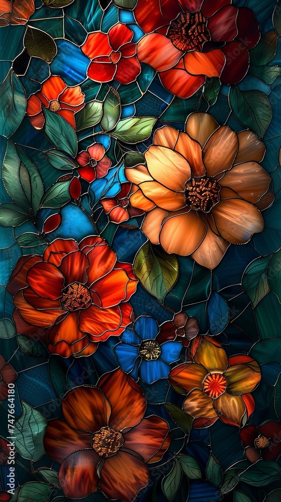 Stained glass window background with colorful Flower and Leaf abstract. Stained glass window background with colorful Flower and Leaf abstract.