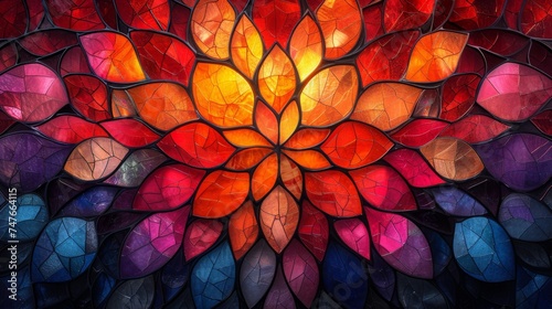Stained glass window background with colorful Flower and Leaf abstract.  © soysuwan123
