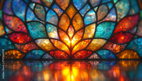 Stained glass window background with colorful Flower and Leaf abstract.	 photo