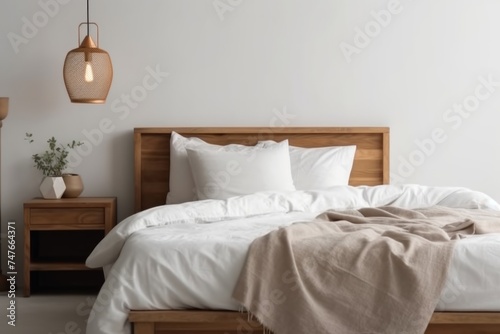 Isolated scene of a bedroom with a white bed, fluffy pillows, and a wooden bedside table. A serene haven for relaxation.