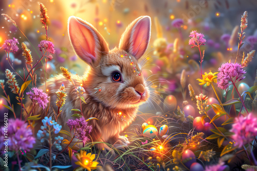 Cute Easter Bunny With Decoraed Colored Eggs