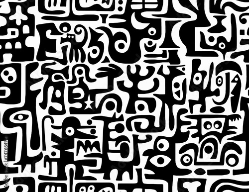 A black and white abstract hand-drawn drawing in the style of hieroglyphs.Seamless pattern.