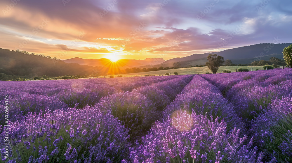 Lavender fields sunrise in Tasmania, travel background, copy space Lavender fields sunrise in Tasmania, travel background, copy space