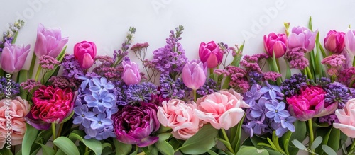 A beautiful arrangement of lilac violet and pink flowers with tulips displayed in a row on a white background.