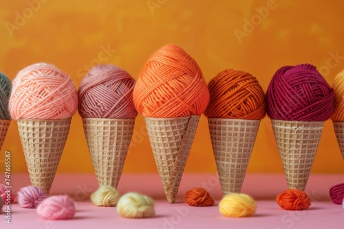 Colorful yarn balls in ice cream cones on pink background concept