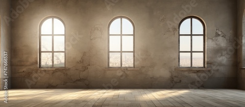 An empty room is illuminated by three windows, casting light onto the polished wooden floor. The room is devoid of furniture, creating a spacious and peaceful atmosphere.