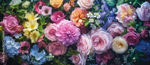 This photo showcases a painting depicting a wide variety of differently colored flowers.
