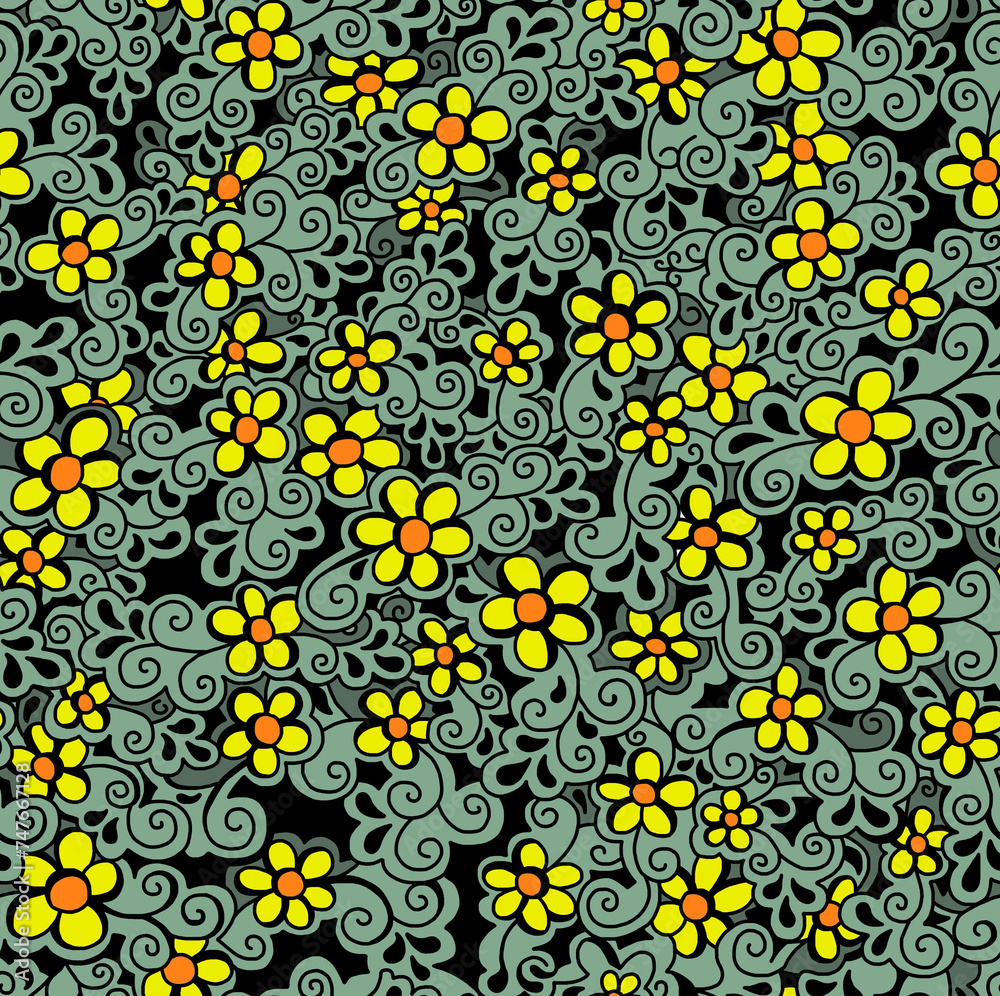 Abstract drawing of daisies hand-drawn in yellow and green tones.Seamless pattern.