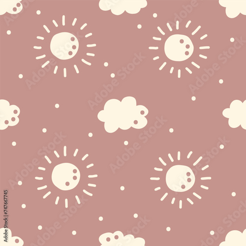 Bohemian baby seamless pattern. Cute baby boho seamless pattern with simple sun and cloud. Soft colors surface design for kids fabric and nursery decor. Gender neutral design. Vector Illustration