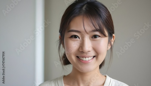 Portrait of a Cheerful Asian Japanese, Korean young woman, girl. close-up. smiling. at home, indoor.