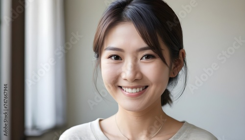 Portrait of a Cheerful Asian Japanese, Korean young woman, girl. close-up. smiling. at home, indoor.