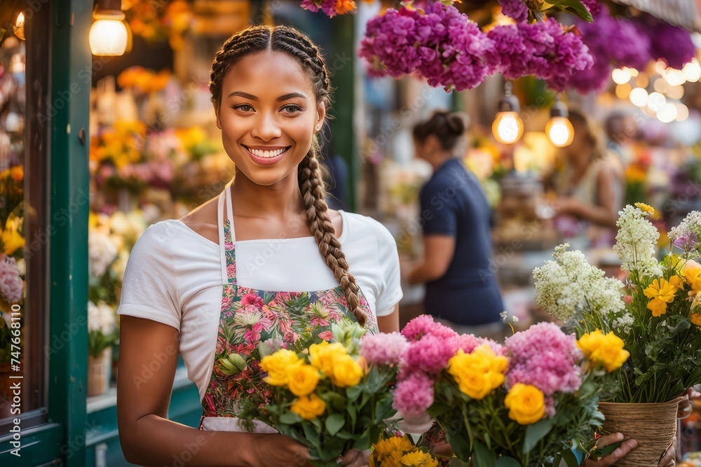 Florista, vendedora de flores em uma floricultura, mulher jovem, linda, negra