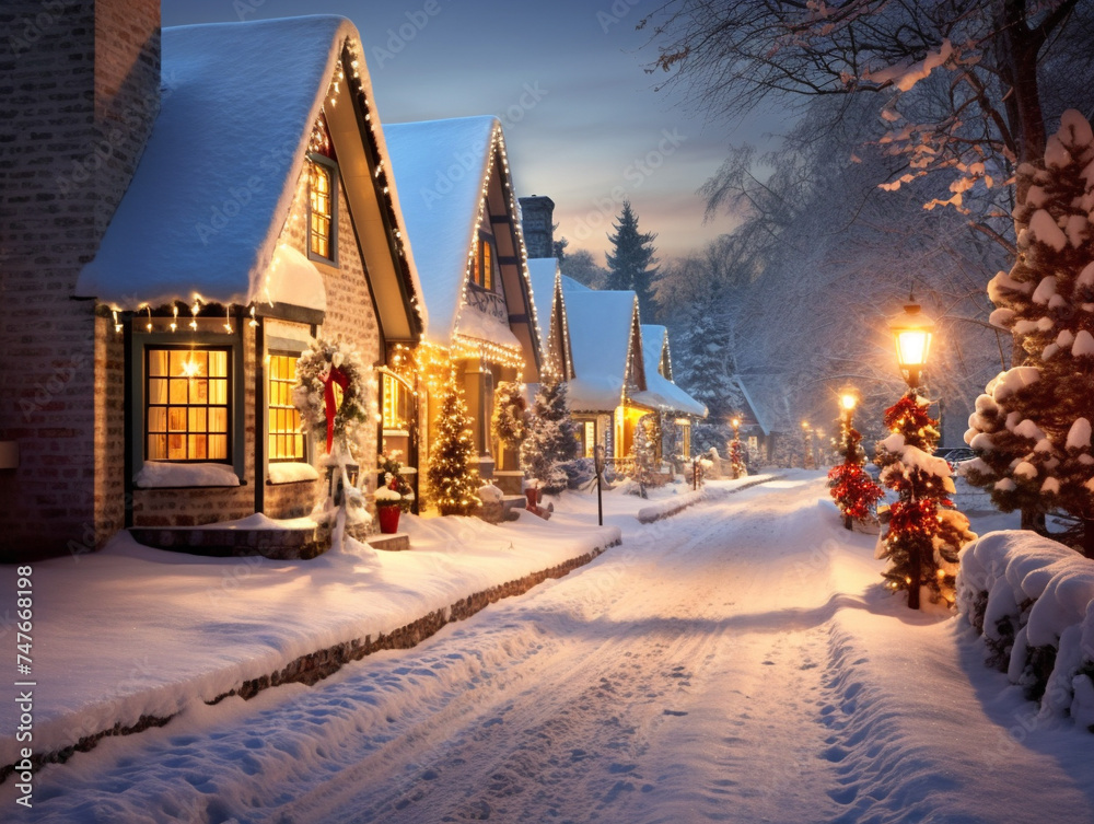Charming village covered in snow, with cozy cottages and twinkling lights in the evening.
