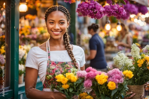Florista, vendedora de flores em uma floricultura, mulher jovem, linda, negra photo