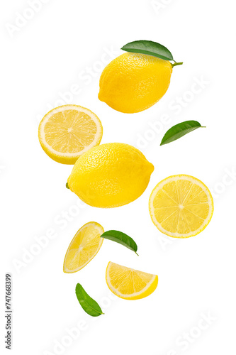 Falling Fresh lime with half and leaves isolated on white background.