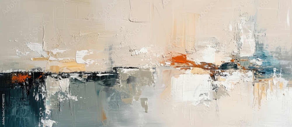 An abstract painting depicting a cityscape with modern oil and acrylic brushstrokes on a beige-colored wall.