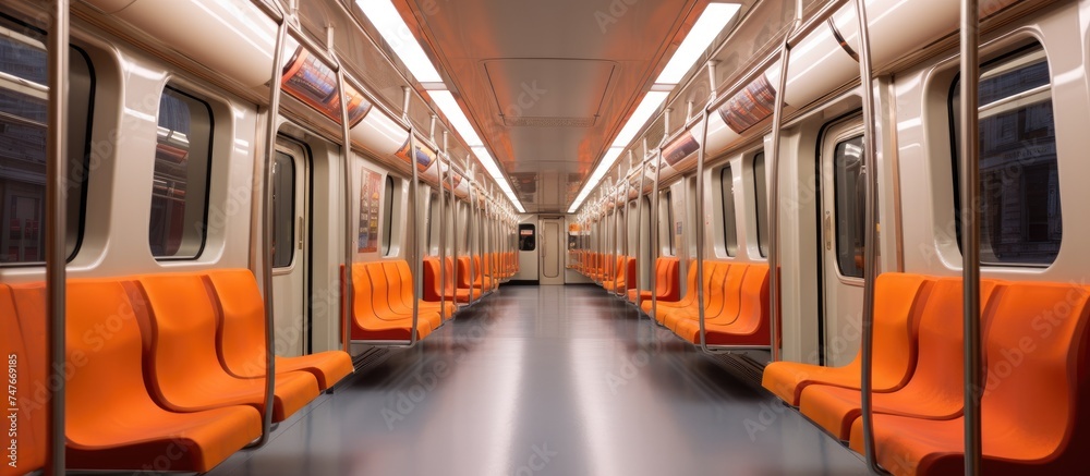 Fototapeta premium An empty train car with vibrant orange seats, showcasing the modernization and evolution of public transport. The interior is clean and well-lit, waiting for passengers to fill the space.