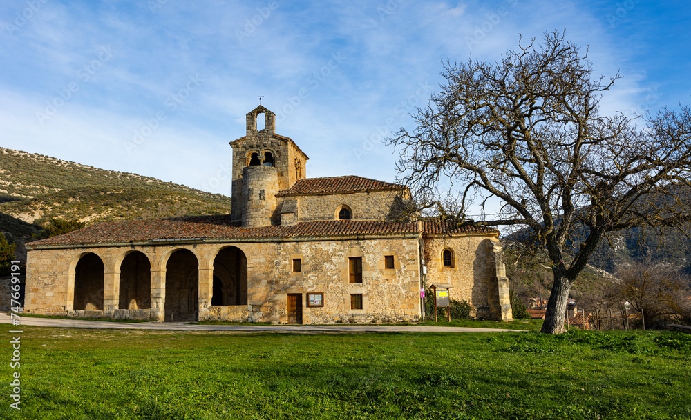 Valdenoceda Catholic Church in Gothic style, built of light limestone near Villavicios, Asturias, Spain. Ancient medieval building, religious house